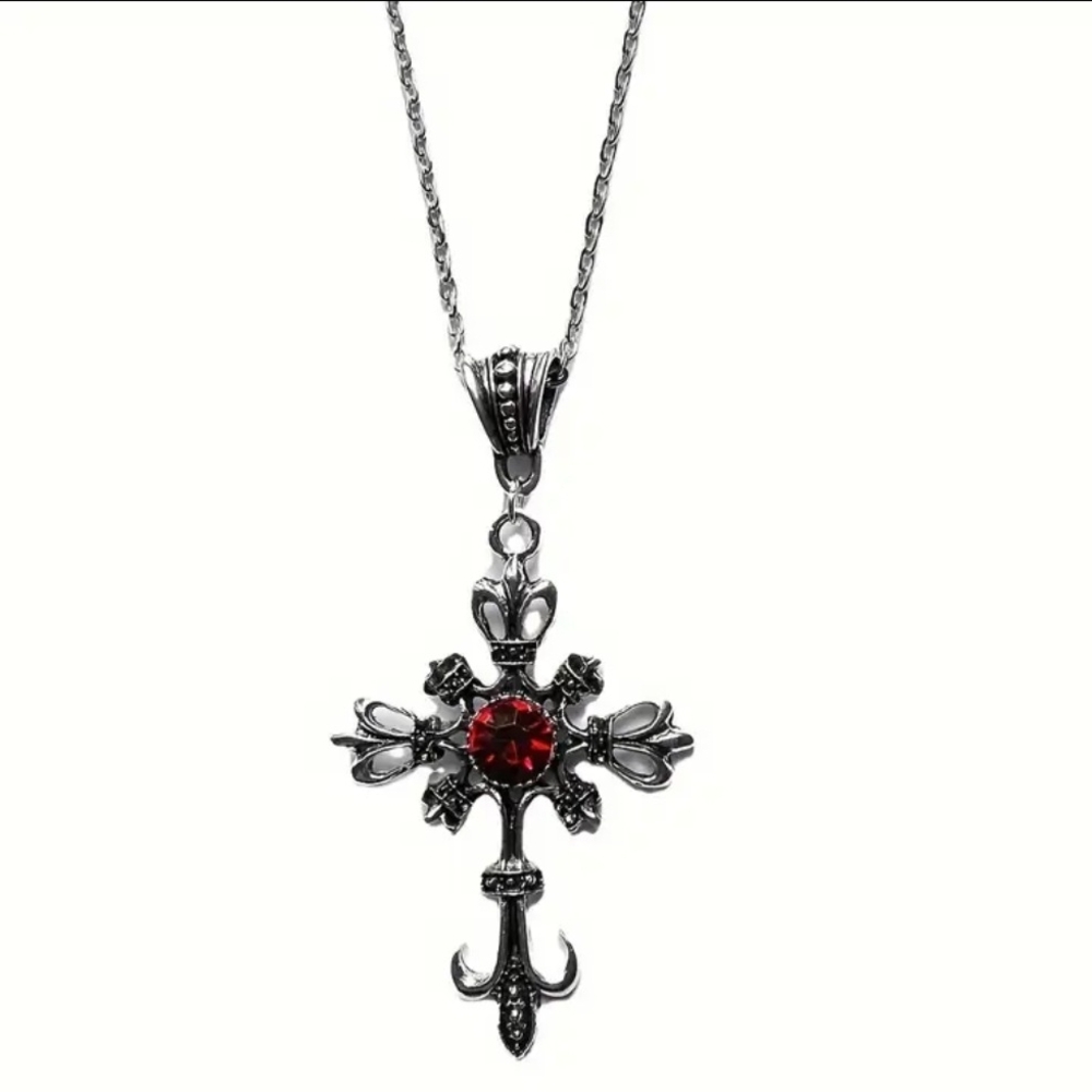 Elegant Silver and Red Cross Pendant Necklace